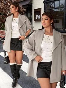 Muchica Jaket Trench Coat Wanita Ukuran Besar Warna Polos Lengan Panjang Kasual Potongan Longgar Elegan untuk Kantor Formal Warna Perak Musim Gugur - Khaki - View 3