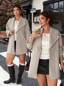 Muchica Jaket Trench Coat Wanita Ukuran Besar Warna Polos Lengan Panjang Kasual Potongan Longgar Elegan untuk Kantor Formal Warna Perak Musim Gugur - Khaki - View 1