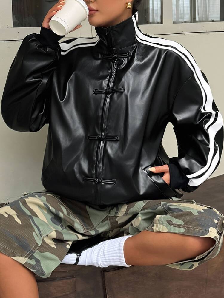 Muchica Jaket Olahraga Kasual Lengan Panjang Rajut Waffle Hitam Ukuran Besar untuk Wanita Musim Gugur dengan Kancing Katak dan Desain Anyaman Kontras. Musim Dingin - Hitam - View 1