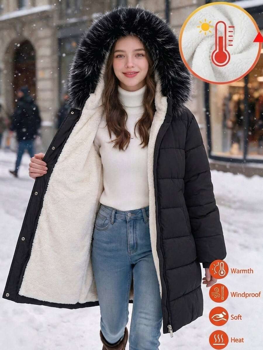 SHEIN 青少年女孩冬季亮面絎縫外套,抓絨內裡,毛絨帽兜,長袖,黑色,保暖外套 - 黑色 - 查看 1