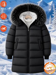 SHEIN 青少年女孩冬季亮面絎縫外套，抓絨內裡，毛絨帽兜，長袖，黑色，保暖外套 - 黑色 - 查看 3