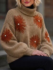 Holdful Holdful Sweater Wanita Lengan Panjang Kerah Tinggi Bahu Longgar dengan Dekorasi Bunga 3D - Coklat - View 3