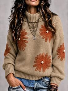 Holdful Holdful Sweater Wanita Lengan Panjang Kerah Tinggi Bahu Longgar dengan Dekorasi Bunga 3D - Coklat - View 1
