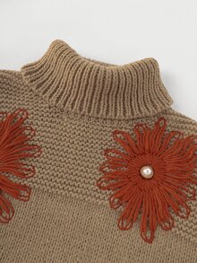 Holdful Holdful Sweater Wanita Lengan Panjang Kerah Tinggi Bahu Longgar dengan Dekorasi Bunga 3D - Coklat - View 6