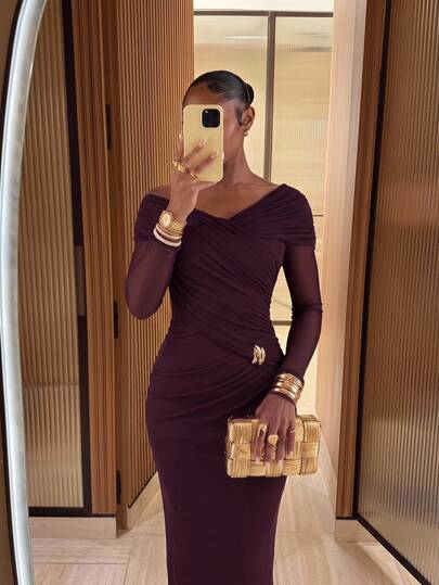 Lumalex Vestido de mujer de manga larga con estructura asimétrica compleja de malla suave ajustado para invierno y otoño, atuendo para salir, vacaciones y crucero