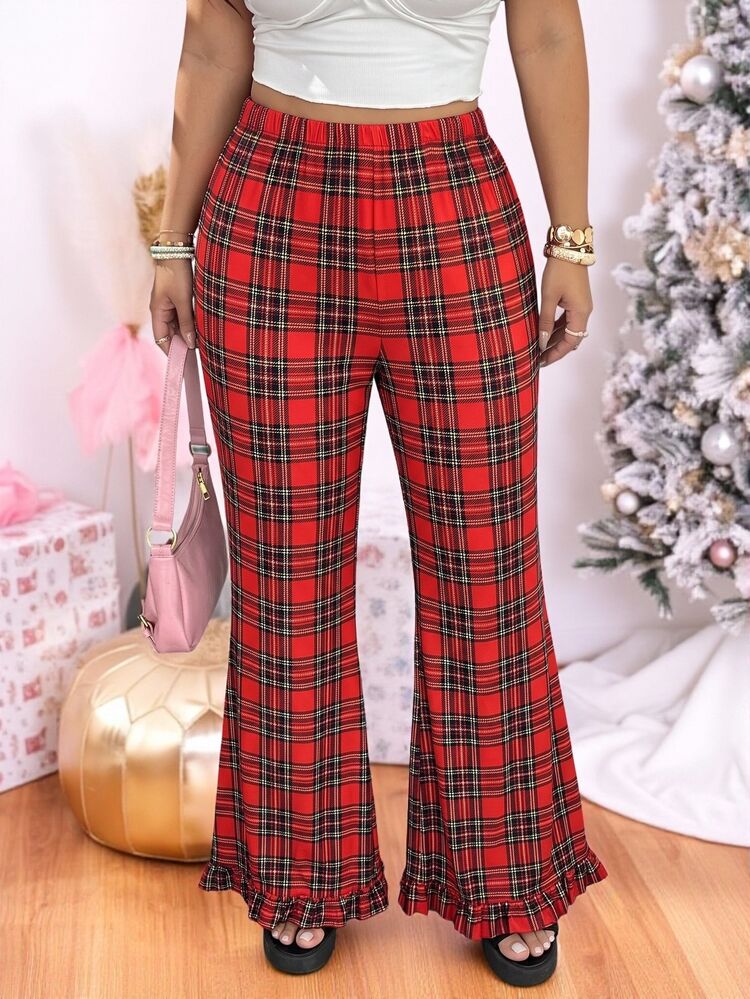 Solflare Plus Size Women's Elastic Waist Plaid Casual Flare Pants - Multicolor - View 6