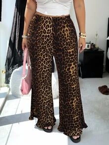 SHEIN EZwear 大尺碼女款豹紋長褲，時尚適用於約會、度假、派對、日常穿著、聚會、戶外活動 - 黑色 - 查看 3