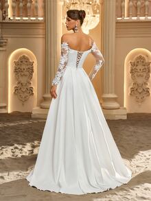 Glamrae Off Shoulder Appliques Mesh Sleeve Wedding Dress - White - View 3
