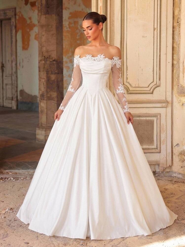 Glamrae Off Shoulder Appliques Mesh Sleeve Wedding Dress - White - View 6