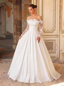 Glamrae Off Shoulder Appliques Mesh Sleeve Wedding Dress - White - View 1
