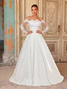 Glamrae Off Shoulder Appliques Mesh Sleeve Wedding Dress - White - View 4