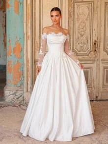 Glamrae Off Shoulder Appliques Mesh Sleeve Wedding Dress - White - View 5