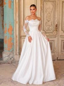 Glamrae Off Shoulder Appliques Mesh Sleeve Wedding Dress - White - View 7
