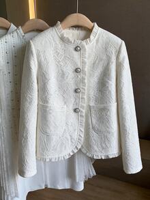 SHEIN Elenzya Mantel Polos dengan Kancing Renda di Depan dan Hem Berumbai - Putih - View 8