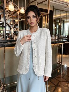 SHEIN Elenzya Mantel Polos dengan Kancing Renda di Depan dan Hem Berumbai - Putih - View 6