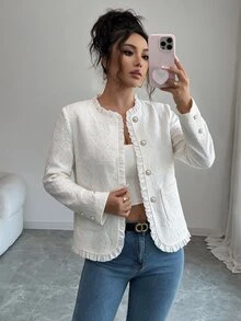 SHEIN Elenzya Mantel Polos dengan Kancing Renda di Depan dan Hem Berumbai - Putih - View 4