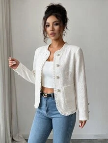 SHEIN Elenzya Mantel Polos dengan Kancing Renda di Depan dan Hem Berumbai - Putih - View 7
