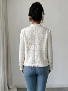 SHEIN Elenzya Mantel Polos dengan Kancing Renda di Depan dan Hem Berumbai - Putih - View 2