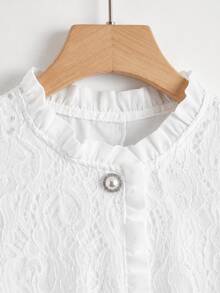 SHEIN Elenzya Mantel Polos dengan Kancing Renda di Depan dan Hem Berumbai - Putih - View 3