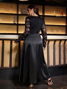 Reflora Plus Size Sexy Lace Pleated Front Slit Dress - Black - View 3