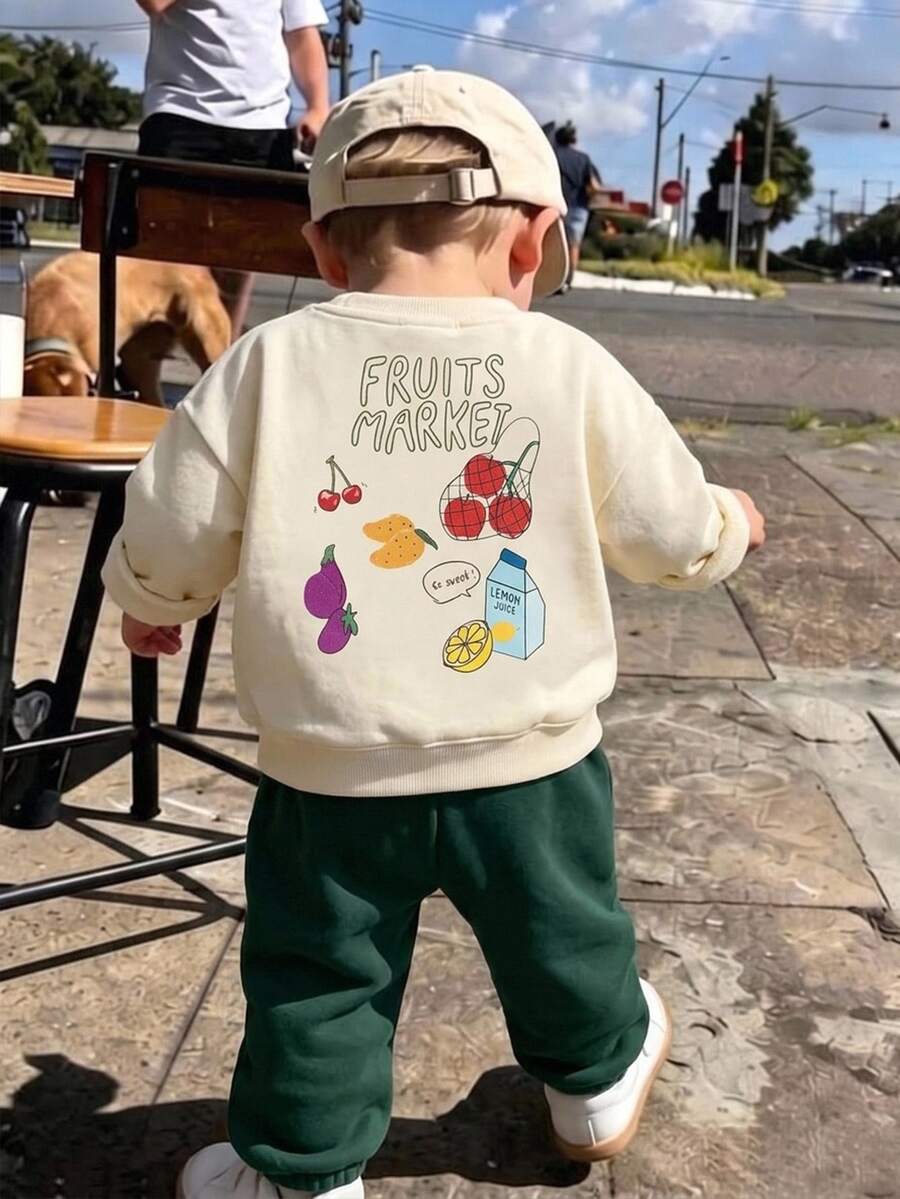 Baby Boy Cartoon Food Pattern Knitted Soft Crew Neck Long Sleeve Pullover Sweatshirt And Elastic Waist Long Pants 2 Pieces Set - Multicolor - View 1