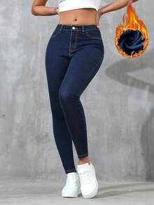 SHEIN Essnce Slant Pocket Skinny Thermal Jeans - Blue - View 4