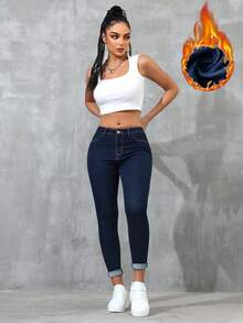 SHEIN Essnce Slant Pocket Skinny Thermal Jeans - Blue - View 5