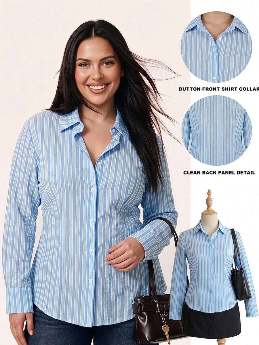 SHEIN EZwear Plus Size Casual Striped Single-Breasted Long Sleeve Shirt - Multicolor - View 1