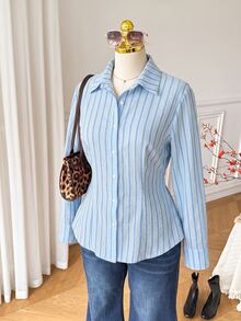 SHEIN EZwear Plus Size Casual Striped Single-Breasted Long Sleeve Shirt - Multicolor - View 3