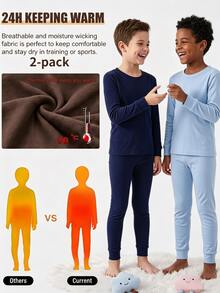 4pcs/Set Boys' Thermal Base Layer Set, Round Neck Long Sleeve Top With Elastic Waist Slim Fit Pants, 2 Colors Available, Double-Sided Thermal Fabric, Soft Elastic Comfortable And Breathable, Snug Fit Base Layer For Autumn/Winter Warmth - Blue - View 1