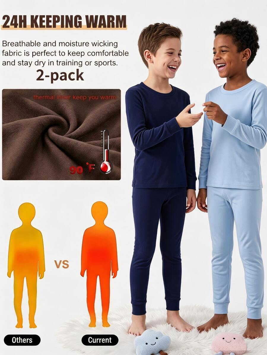 4pcs/Set Boys' Thermal Base Layer Set, Round Neck Long Sleeve Top With Elastic Waist Slim Fit Pants, 2 Colors Available, Double-Sided Thermal Fabric, Soft Elastic Comfortable And Breathable, Snug Fit Base Layer For Autumn/Winter Warmth - Blue - View 1