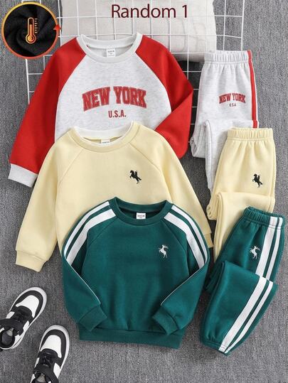 SHEIN Surprise Blind Box 3 Sets Randomly Shipped 2pcs Young Boy Young Girl Autumn/Winter Cute Casual Sports Versatile Knit Letter Pattern Long Sleeve Fleece Lined Sweatshirt Tracksuit Boy Joggers Pants Set Winter Clothes