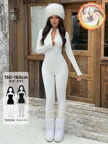 SHEIN PETITE Fleece-Lined, Thickened, Form-Fitting Bodysuit For Petite Women-Suitable For Autumn And Winter. - White - View 1