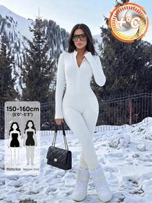 SHEIN PETITE Fleece-Lined, Thickened, Form-Fitting Bodysuit For Petite Women-Suitable For Autumn And Winter. - White - View 5