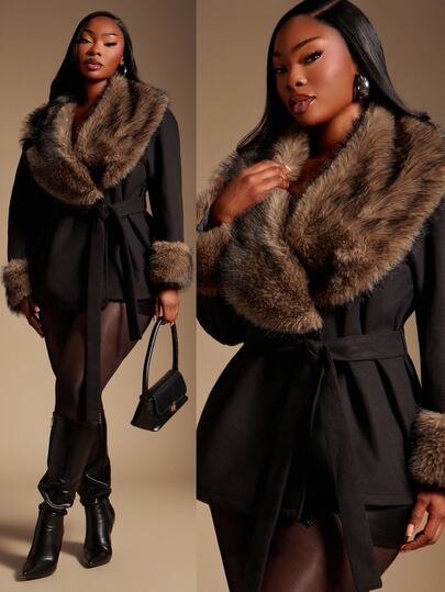 Radiana Plus Size Autumn/Winter Elegant Fashion Vintage Faux Fur Patchwork Overcoat, Black Overcoat, Vintage Wool Patchwork Coat, Fur Collar Coat, Waist-Cinching Coat, Casual Coat, Urban Outfit, Commuter Outfit