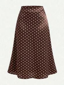 SHEIN Girlism 青少年女孩優雅復古風棕色波點高腰中長裙 - 棕色 - 查看 1