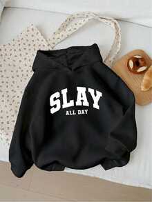 SHEIN 少女款「SLAY ALL DAY」大學字母運動衫，秋季休閒寬鬆加絨套頭衛衣 - 黑色 - 查看 1