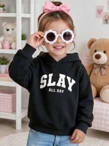 SHEIN 少女款「SLAY ALL DAY」大學字母運動衫，秋季休閒寬鬆加絨套頭衛衣 - 黑色 - 查看 2