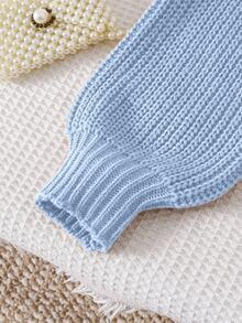 SHEIN Tween Girl Solid Color Light Blue Crew Neck Long Sleeve Casual School Girl Basic Cool Autumn Cropped Sweater Knitted Cable Knit Fall Jumper Top - Baby Blue - View 5