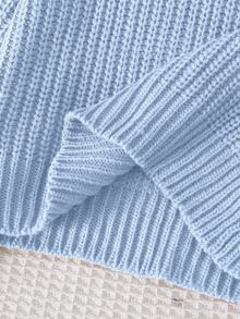 SHEIN Tween Girl Solid Color Light Blue Crew Neck Long Sleeve Casual School Girl Basic Cool Autumn Cropped Sweater Knitted Cable Knit Fall Jumper Top - Baby Blue - View 9