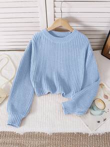 SHEIN Tween Girl Solid Color Light Blue Crew Neck Long Sleeve Casual School Girl Basic Cool Autumn Cropped Sweater Knitted Cable Knit Fall Jumper Top - Baby Blue - View 6