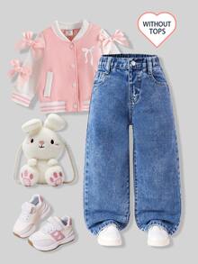 SHEIN 女童 Y2K 街頭風日常彈性腰直筒牛仔褲，平口袋設計，日常 OOTD，夏季度假，嬰兒藍，秋冬款 - 深色水洗藍 - 查看 2