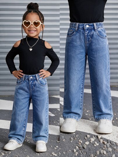 SHEIN 少女Y2K街頭日常彈力腰直筒牛仔褲，平口袋設計，夏季度假OOTD，嬰兒藍