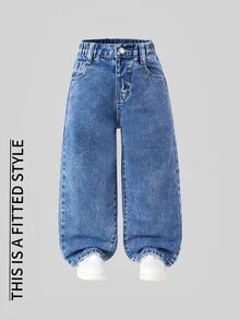 SHEIN 女童 Y2K 街頭風日常彈性腰直筒牛仔褲，平口袋設計，日常 OOTD，夏季度假，嬰兒藍，秋冬款 - 深色水洗藍 - 查看 5