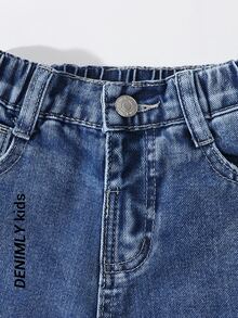 SHEIN 女童 Y2K 街頭風日常彈性腰直筒牛仔褲，平口袋設計，日常 OOTD，夏季度假，嬰兒藍，秋冬款 - 深色水洗藍 - 查看 6