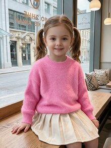 Elladie kids Cute Girls Pink Solid Pullover Sweater Fairy Back-To-School Autumn Clothes For Tween Young Girl Fashionable Loose Knit Bow Cardigan Style Top - Hot Pink - View 3