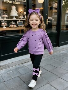 Elladie kids Young Girl Casual Baby Raglan Sleeve Top And Leggings Set With Ruffle Hem And Heart Print, Suitable For Young Girls Autumn School Birthday - Purple - View 2
