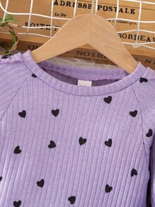 Elladie kids Young Girl Casual Baby Raglan Sleeve Top And Leggings Set With Ruffle Hem And Heart Print, Suitable For Young Girls Autumn School Birthday - Purple - View 5