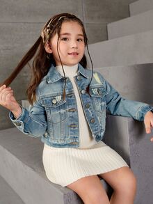 Young Girl Street Cowgirl Casual Distressed Washed Denim Short Jacket, Baby Blue, School, Campus, College Spring - Medium Wash - View 4