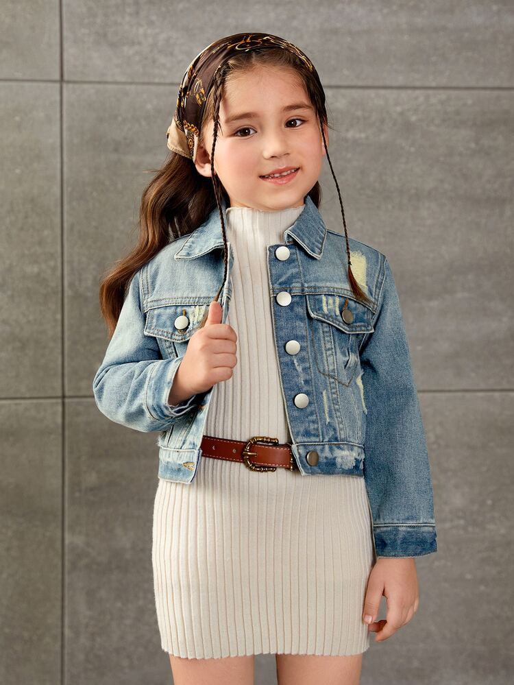 Young Girl Street Cowgirl Casual Distressed Washed Denim Short Jacket, Baby Blue, School, Campus, College Spring - Medium Wash - View 4